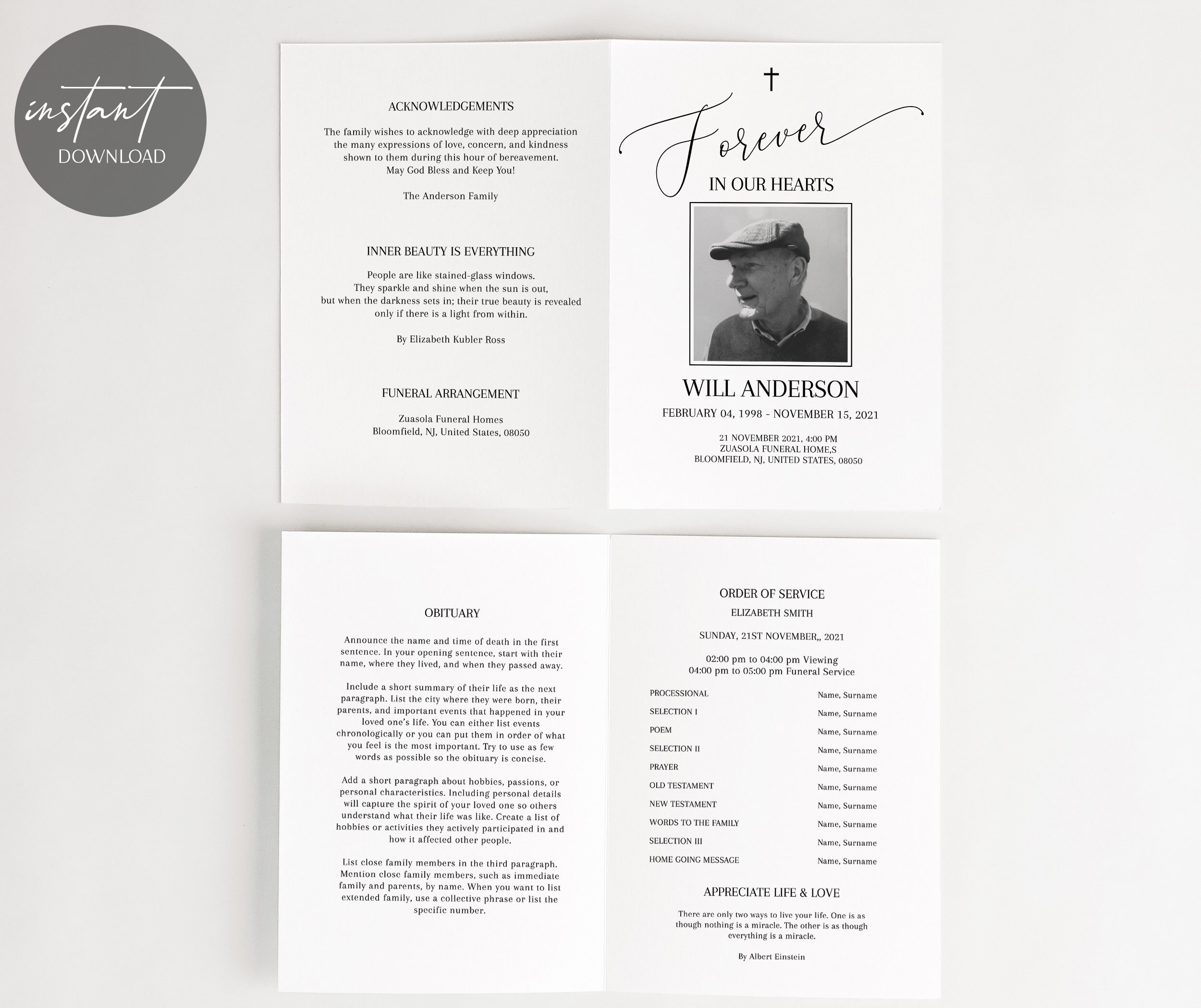 Minimalistic Funeral Program Card, Celebration of Life Editable ...