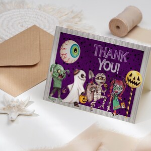 Trick Treat Kinder Dankeschön Karte Halloween Vorlage druckbare Tag, Spooky Kostüm Party faltbare Geschenk Tags Corjl Sofortiger digitaler Download