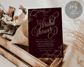 Bridal Shower Invitation Burgundy Gold Floral Editable Template Printable Corjl Instant Digital Download Try Before U Buy AB7