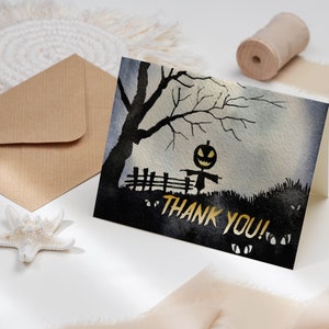 Dankeschön Karte Halloween druckbare Tag, Spooky Kostüm Party Geschenk Tags für Kinder Creepy Hill Design Vorlage, Corjl Instant Download