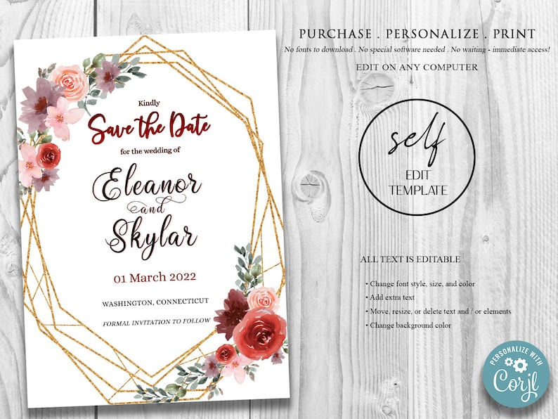 Save the Date Invitation Template Editable Personalized Card Printable Burgundy Wedding Invite Corjl Instant Digital Download AA2