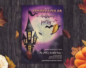 Haunted House Halloween Party Invitation, Scary Night and Bats Spooky Invite, Kids Treat or Trick Printable Template Editable CORJL Download