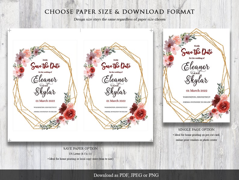 Save the Date Invitation Template Editable Personalized Card Printable Burgundy Wedding Invite Corjl Instant Digital Download AA2
