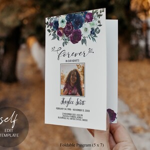 May include: A white funeral program with a floral design featuring purple, blue, and white flowers. The program includes the text "forever in our hearts", a photo of a woman, and the name "Kaylee Scott". The program also includes the dates "February 04, 1998 - November 15, 20XX" and the text "21 November 2021, 4:00 PM, Zuasola Funeral Homes, Bloomfield, NJ, United States, 08050".