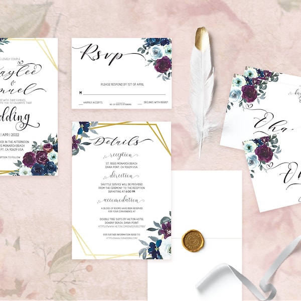 Wedding Invitation Bundle Template Printable Navy Plum Personalized Floral Corjl Instant Download Try Before You Buy AA5