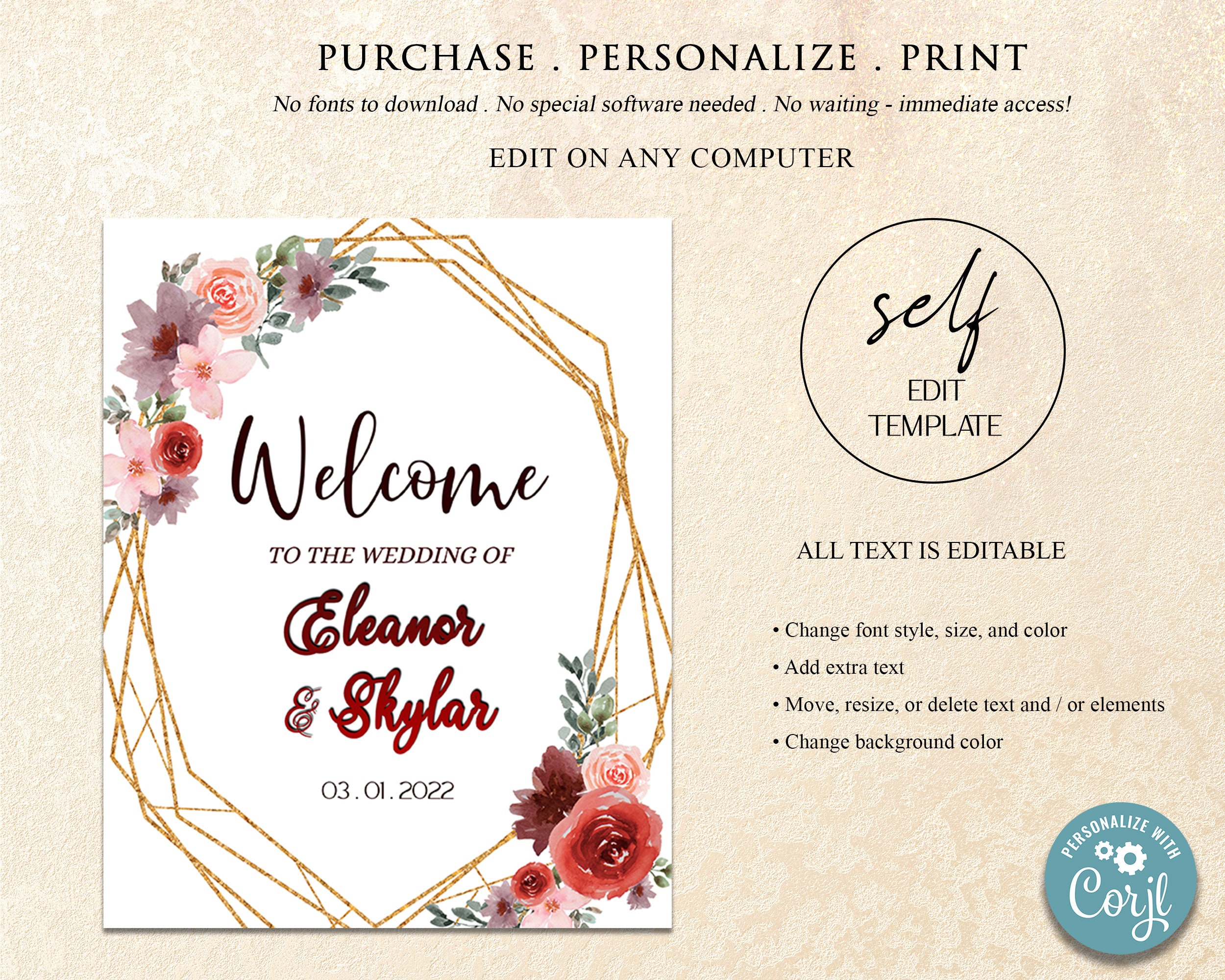 Wedding Welcome Sign Editable Template Printable Personalized ...