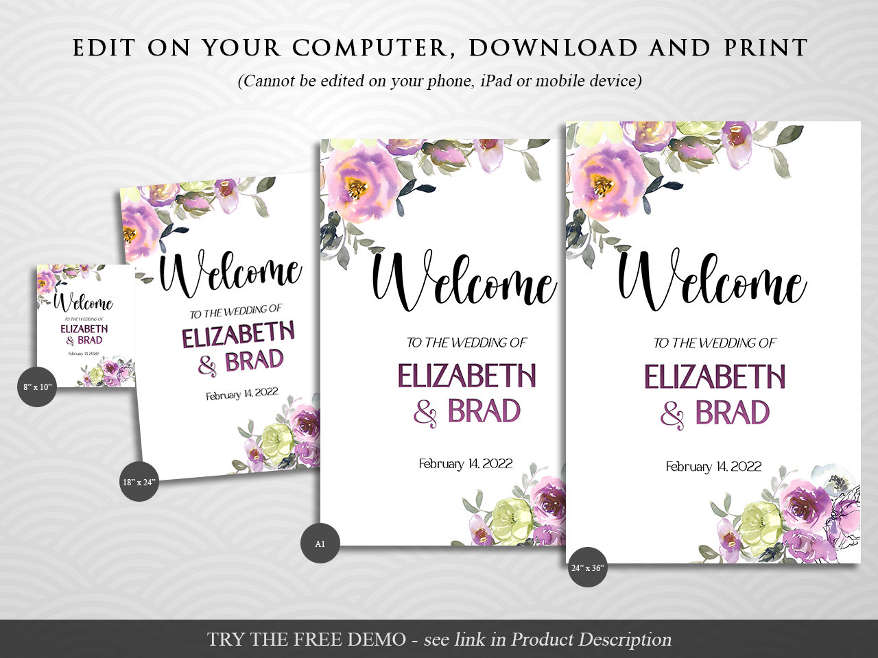 Editable Purple Wedding Welcome Sign Template Printable Personalized ...