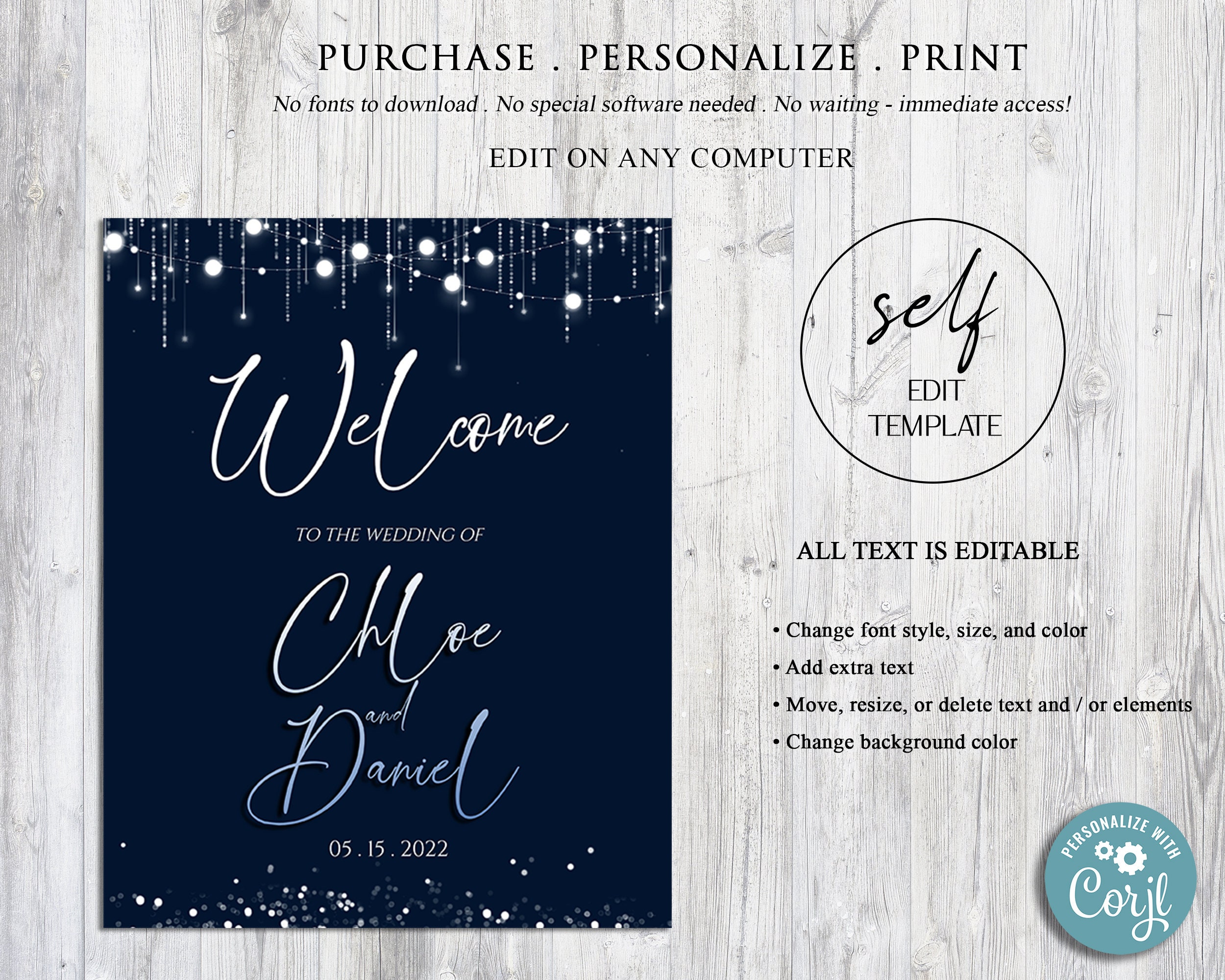 Wedding Welcome Sign Editable Template Printable Personalized Navy Blue ...
