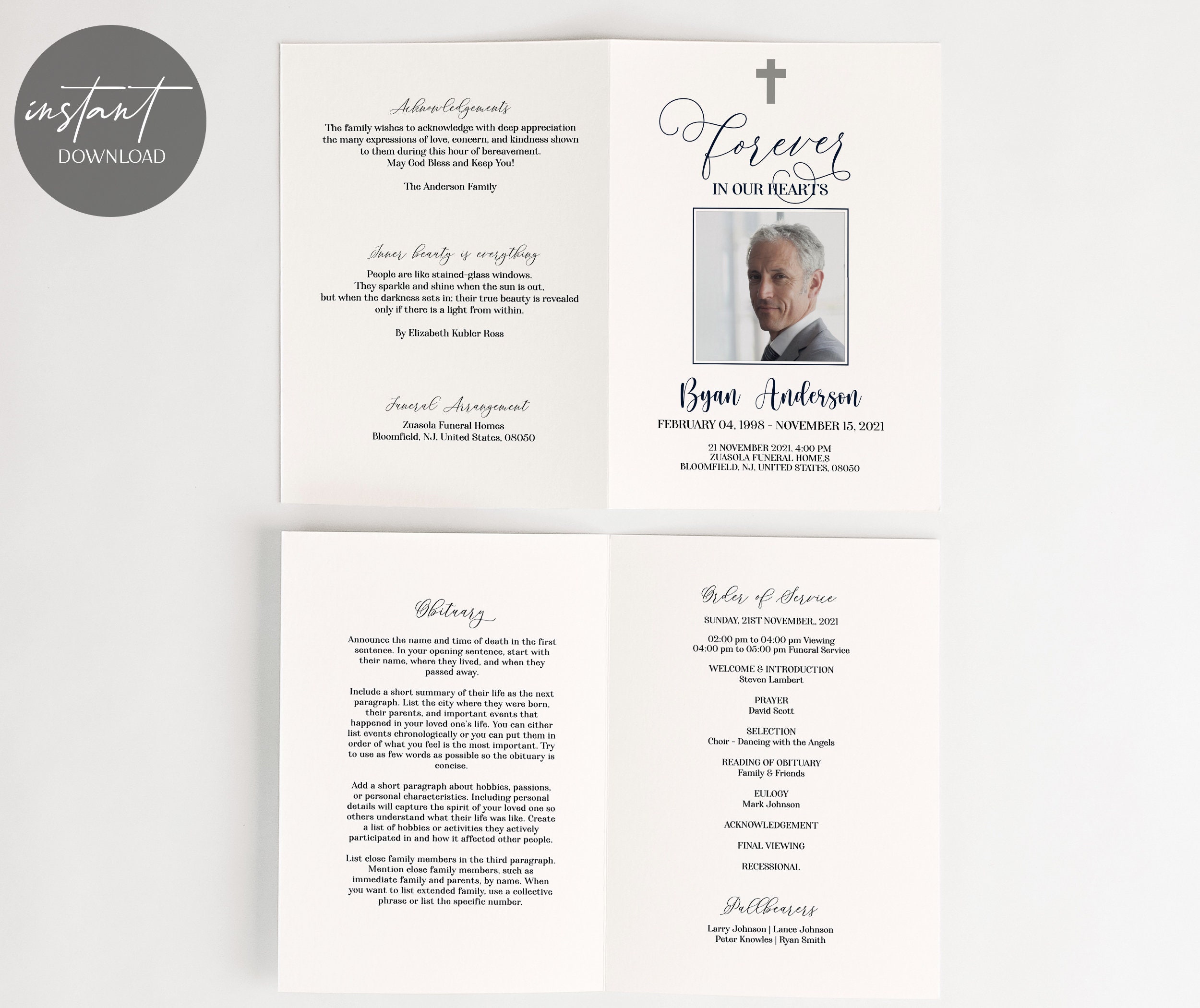 Minimalistic Funeral Program Card, Celebration of Life Editable ...