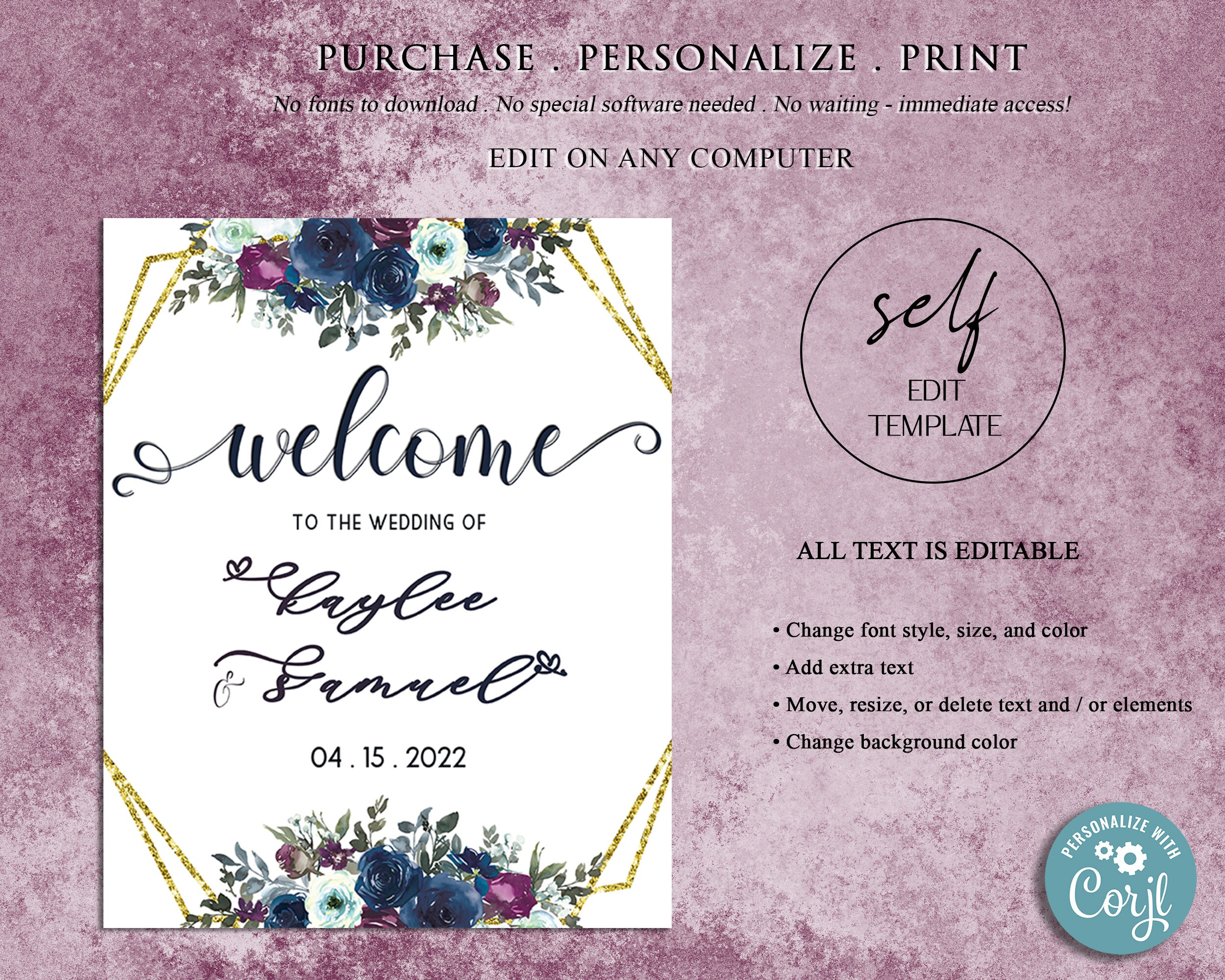 Wedding Welcome Sign Editable Template Printable Personalized Hexagonal ...