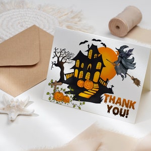 Haunted House Danke Halloween Tischkarte, druckbare gefaltete Geschenkanhänger für Kinderkostüm-Party-Vorlage, CORJL sofortiger digitaler Download