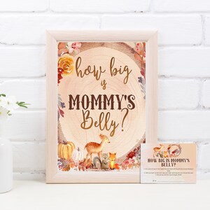 Woodland Autumn How Big Is Mommy's Belly Game Placa e cartão, jogos de adivinhação para chá de bebê, modelo de animais para impressão, download instantâneo AC3