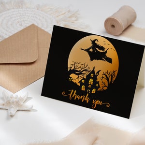 Gruselige schwarze Hexe Dankeschön Karte Halloween druckbare Vorlage, Kostüm Party faltbare Geschenkanhänger für Kinder Vorlage, Koralle Sofort Download