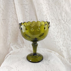 Indiana Glass - Olive Green - Scalloped - Teardrop - Pedestal - Compote