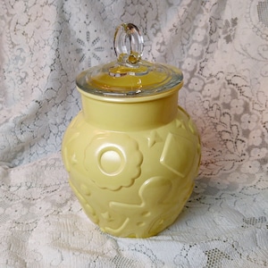 Hazel Atlas Cookie Jar - Plantonite - Embossed -  Yellow - Glass lid