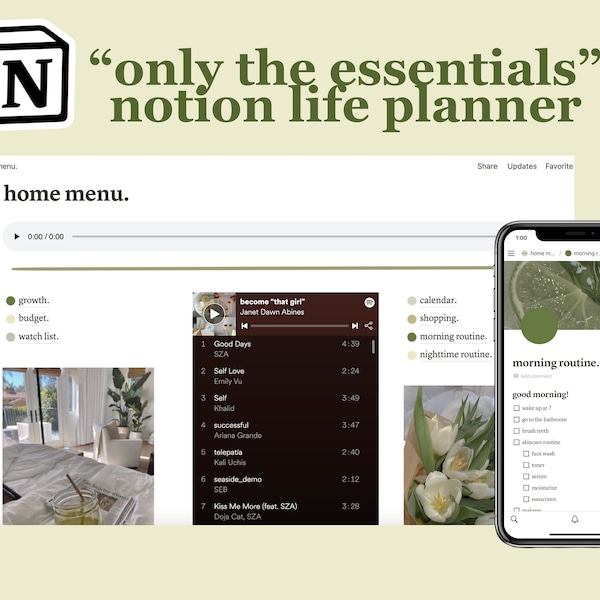 ¡Plantilla ESSENTIALS NOTION PLANNER para metas, tareas diarias, escuela, trabajo y más!