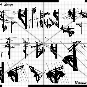 May include: Silhouette illustration of multiple linemen working on power lines. The linemen are climbing poles, working on wires, and using tools. The image is set against a grid background.
