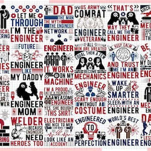 Könnte beinhalten: Eine Sammlung von 24 farbenfrohen Grafikdesigns mit dem Wort "Engineer" und verschiedenen Slogans und Illustrationen. Die Designs eignen sich perfekt für die Erstellung von T-Shirts, Tassen, Aufklebern und anderen Merchandise-Artikeln.