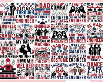 Puede incluir: Una colección de 24 diseños gráficos coloridos con la palabra "Ingeniero" y varios lemas e ilustraciones. Los diseños son perfectos para crear camisetas, tazas, pegatinas y otros productos.