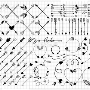 May include: A collection of hand-drawn black and white arrows, hearts, and swirls. The arrows are in various styles, including straight, curved, and crossed. The hearts are in different shapes and sizes. The swirls are in a variety of patterns. The text "boho" is written in a stylized font.