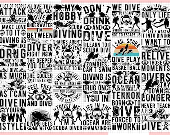 Puede incluir: Diseño gráfico en blanco y negro con texto sobre el buceo. El texto incluye frases como "¡Bucea y bucea!" y "Soy un buceador".