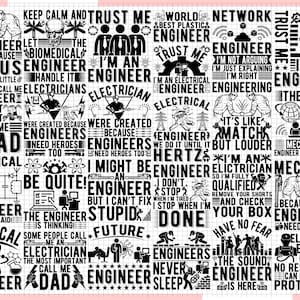 Könnte beinhalten: Schwarz-weißes Grafikdesign mit verschiedenen ingenieurbezogenen Phrasen und Symbolen. Das Design enthält Texte wie "Ingenieur", "Elektriker" und zugehörige Symbole und Illustrationen.