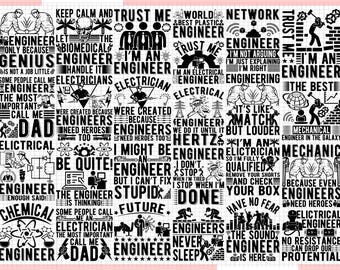 Puede incluir: Diseño gráfico en blanco y negro con varias frases e iconos relacionados con la ingeniería. El diseño incluye texto como "Ingeniero", "Electricista" y símbolos e ilustraciones relacionados.
