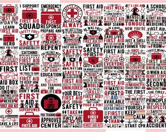 Puede incluir: Un collage de gráficos y texto en rojo y blanco sobre primeros auxilios. Incluye botiquines, cruces y frases como "La seguridad es lo primero". Una guía visual para la preparación para emergencias.