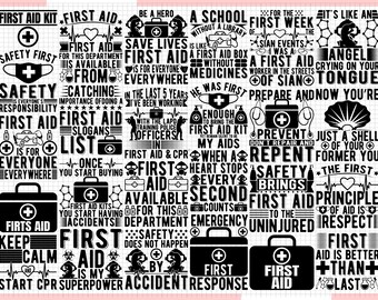Puede incluir: Un fondo rosa con varios gráficos y texto en blanco y negro con el tema de primeros auxilios. Se muestran frases como "Botiquín de primeros auxilios", "La seguridad es lo primero" y "Los primeros auxilios son para todos". Los gráficos incluyen una cruz médica, un corazón y un botiquín.