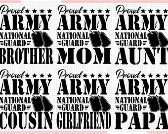 Puede incluir: Seis diseños en blanco y negro con el texto "Proud Army National Guard" y una silueta de dos placas de identificación. El texto debajo de cada diseño dice "Brother", "Mom", "Aunt", "Cousin", "Girlfriend" y "Papa".