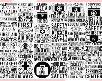 Puede incluir: Gráfico en blanco y negro con varias frases e iconos relacionados con los primeros auxilios y la seguridad. Incluye texto como "Primeros auxilios", "Seguridad" y "Botiquín". El diseño presenta símbolos médicos.