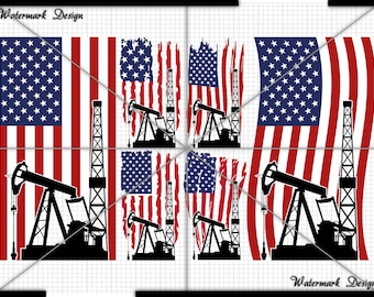 May include: A digital design featuring an American flag with oil derricks and pump jacks in black silhouettes. The design is perfect for creating patriotic themed crafts, apparel, or home decor.