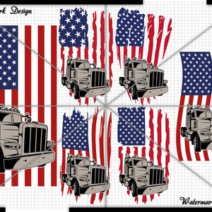 May include: A design featuring a semi-truck graphic overlaid on the American flag. The flag is depicted in red, white, and blue, with the truck in shades of gray. The design is repeated multiple times.