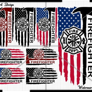 Fire Fighter Distressed Flag Logo Fire Fighter Background Axe Font Firefighter design for digital download - FF6