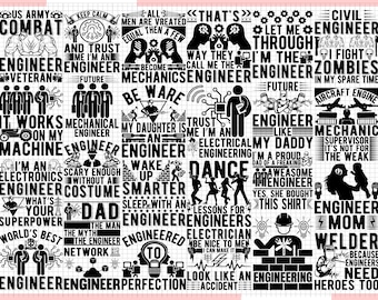 Puede incluir: Una colección de diseños gráficos en blanco y negro con texto relacionado con la ingeniería. Los diseños incluyen frases como "Ingeniero Mecánico", "Ingeniero Eléctrico" e "Ingeniero Civil".