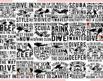 Puede incluir: Diseño gráfico en blanco y negro con texto sobre el buceo. El texto incluye frases como "Bucea", "El océano tiene sus propios secretos", "Adicto al buceo, no hay cura", "Quiero comer buceadores", "La mejor manera de observar un pez es convertirse en un pez".