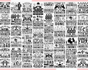 Puede incluir: Un diseño gráfico en blanco y negro con una colección de citas y refranes inspiradores para ingenieros. Las citas incluyen frases como "Mantén la calma y confía en mí, soy un ingeniero", "Soy un ingeniero solo porque el genio es un trabajo pequeño", y "Confía en mí, soy una madre ingeniera".