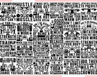 Puede incluir: Citas de motivación en blanco y negro sobre fitness y entrenamiento. Las citas están dispuestas en una cuadrícula y presentan imágenes de culturistas levantando pesas. Algunas de las citas incluyen "A Champion Hustle", "Wake Up Work Out", "Don't Be Afraid of Being a Beginner", "Sweat is Magic", "The Only One You Get", "Go The Extra Mile", and "Me Badass Crowded".