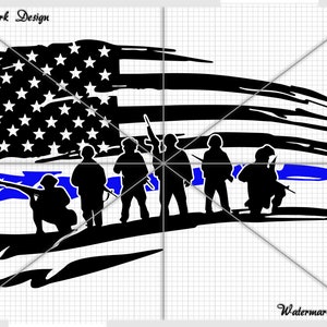 May include: A black and white silhouette of a tattered American flag with five soldiers standing in front of it. The soldiers are holding rifles and are wearing military uniforms. A blue line runs across the bottom of the image.