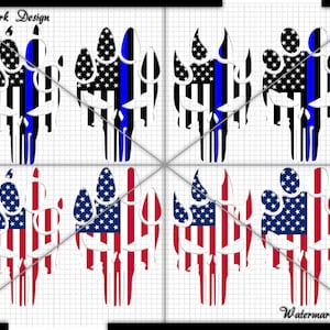 Puede incluir: Seis diseños digitales de una calavera con la bandera estadounidense y una línea azul delgada. Los diseños están en blanco y negro con colores rojo, blanco y azul.