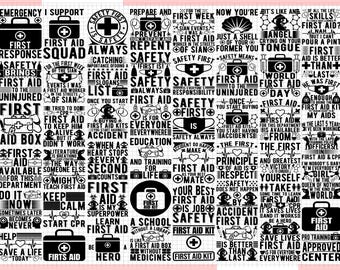 Puede incluir: Diseño gráfico en blanco y negro con las palabras "Primeros Auxilios" y frases relacionadas. Incluye imágenes de botiquines y símbolos de seguridad. El fondo es una cuadrícula rosa.