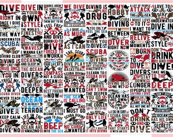 Puede incluir: Un collage colorido de texto e imágenes relacionadas con el buceo. El texto incluye frases como "Dive Dive In", "Scuba Diving", "Ocean is my best friend" y "Drink and Dive". Las imágenes incluyen buceadores, tiburones y otras criaturas marinas.