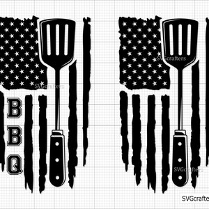 Puede incluir: Diseño digital en blanco y negro de una espátula con el texto "BBQ" y una bandera estadounidense en el fondo.
