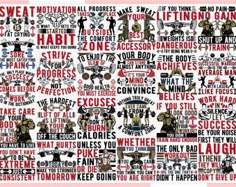Puede incluir: Un póster motivacional con un collage de texto e imágenes relacionadas con el fitness y el levantamiento de pesas. El póster presenta frases como "Sweat Motivation", "No Pain No Gain", "The Hardest Excuses", y "Work Hard in Silence". El póster está diseñado en un esquema de color rojo, blanco y negro.