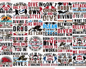 Puede incluir: Un collage digital colorido de texto e imágenes relacionadas con el buceo. El texto incluye frases como "Bucea, no bebas y bucea", "Soy un buceador submarino" y "La vida en el océano es increíble".