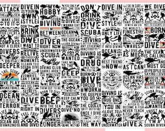Puede incluir: Un diseño gráfico en blanco y negro con múltiples citas inspiradoras sobre el buceo. El texto incluye frases como "Bucea a tu propio estilo", "Nacido para bucear", "El océano está llamando", y "Soy un buceador".