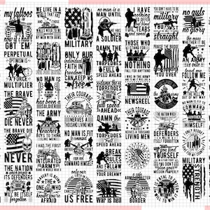 Könnte beinhalten: Eine Sammlung von militärischen Designs in Schwarz und Weiß mit verschiedenen Zitaten und Bildern, darunter Flaggen, Soldaten und patriotische Phrasen. Die Designs sind auf einem rosa Hintergrund angeordnet.