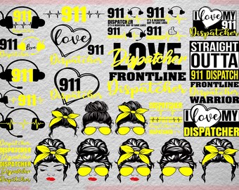 Puede incluir: Un conjunto de diseños digitales con el texto "911 Dispatcher" en varios estilos. Los diseños incluyen un corazón con el texto "Love Dispatcher", un auricular con el texto "911" y una mujer con un lazo amarillo en el pelo. Los diseños son perfectos para crear camisetas, tazas, fundas de teléfono y otros artículos personalizados.