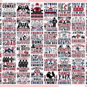 May include: A collection of 36 colorful digital designs featuring various slogans and illustrations related to engineering. The designs include phrases like "Trust me I'm an Engineer", "Engineer Like My Daddy", and "I Fight Zombies in My Spare Time".