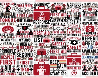 Puede incluir: Un collage de gráficos y texto sobre primeros auxilios en rojo, negro y blanco. El diseño incluye botiquines de primeros auxilios, símbolos médicos y frases como "Primeros Auxilios", "La seguridad es lo primero" y "Salva vidas".